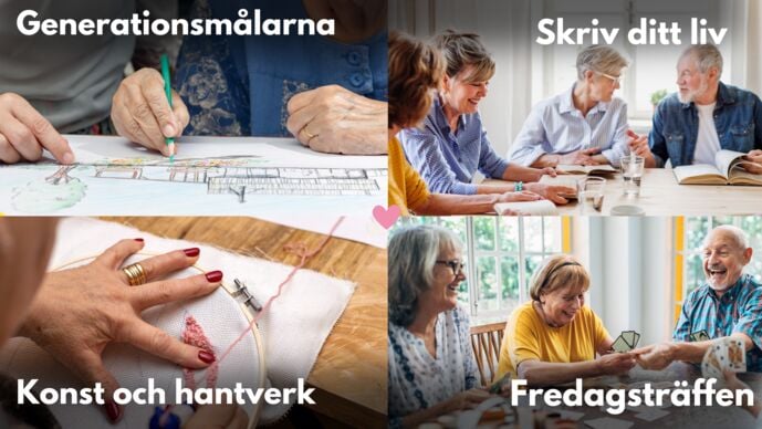 fyra bilder på våra aktiviteter: bild 1 händer som målar tillsammans med texten generationsmålarna. bild 2 en grupp seniorer som skriver tillsammans med texten skriv ditt liv. bild 3 händer som syr med texten konst och hantverk. bild 4 ett gäng seniorer som har kul tillsammans med texten fredagsträffen.